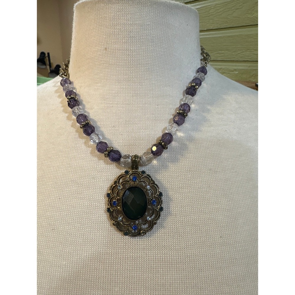1928 Jewelry Victorian Revival Beaded Necklace Purple Black Pendant Bronze Tone